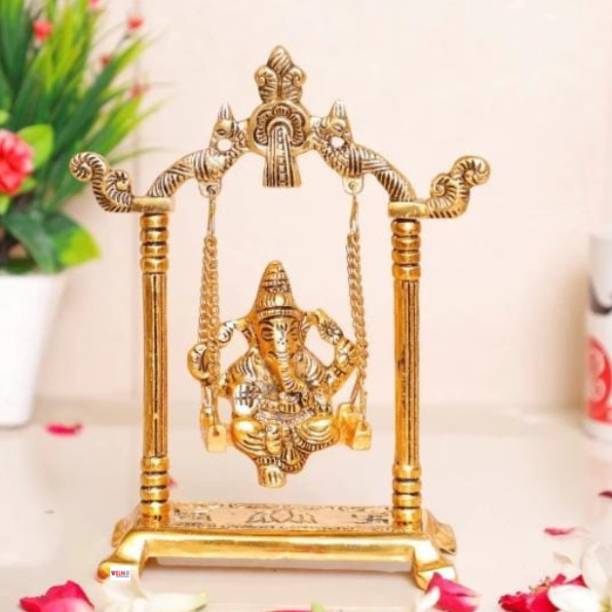 welno international Metal Ganesh ji jhula idol, Ganpati murti on Swing jhula for Temple Pooja Decorative Showpiece  -  20 cm