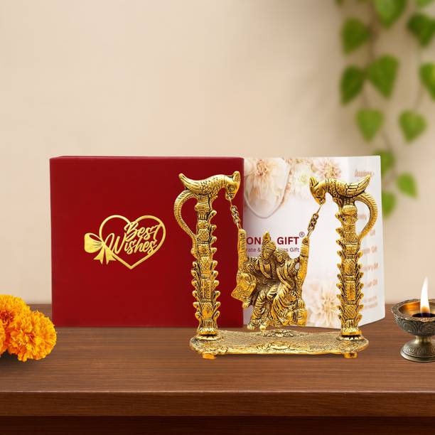 INTERNATIONAL GIFT Gold Plated Radha Krishna Jhula Idol with Velvet Box & Best Wishes Tag for Gifts Decorative Showpiece  -  15.24 cm