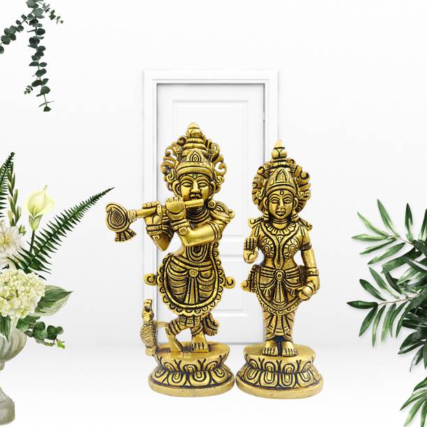 GV Decor Brass Lord Radha Krishna Idol Playing Flute with Peacock Murti for Home Decor Decorative Showpiece  -  17 cm