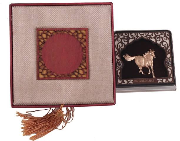 Purushottam Gagubhai Zaveri 24KT Pure Gold Foil Horse Glass Table Top Frame 4x3.5 Inch for Home Decor Decorative Showpiece  -  8.89 cm
