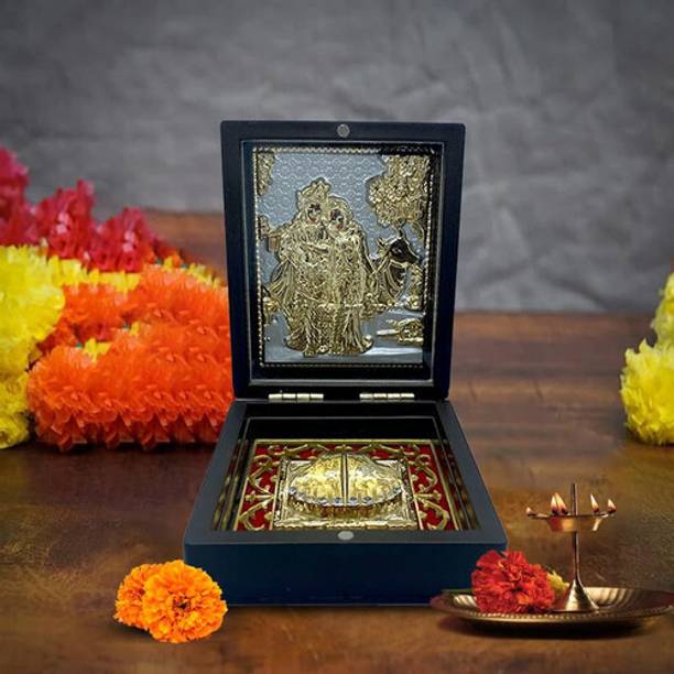 Universal Art Xpress Gold Plated Radha-Krishna Pooja Box with Charan Paduka for Pooja Decorative Showpiece  -  12 cm