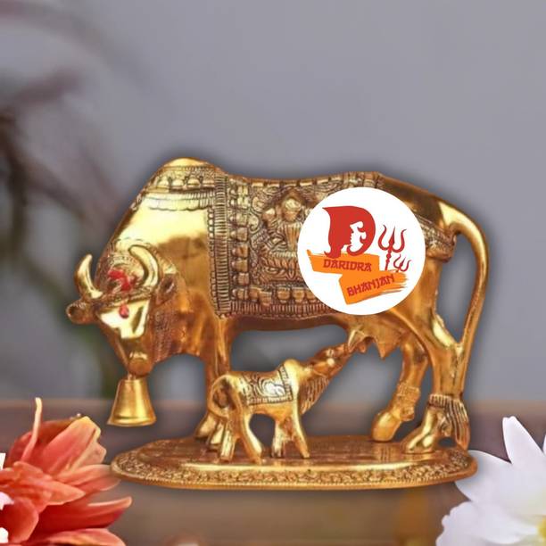 DARIDRA BHANJAN Metal Golden Kamdhenu Cow With Calf Statue (Wish Cow) Decorative Showpiece  -  10 cm
