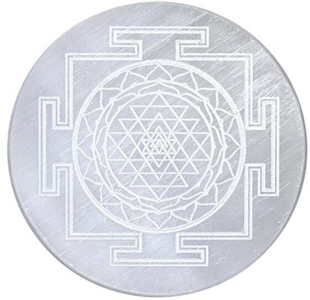 VIBESLE Selenite Crystal Charging Plate, 4 Inch Engraved Sri Yantra Cube Selenite Plate Decorative Showpiece  -  10 cm