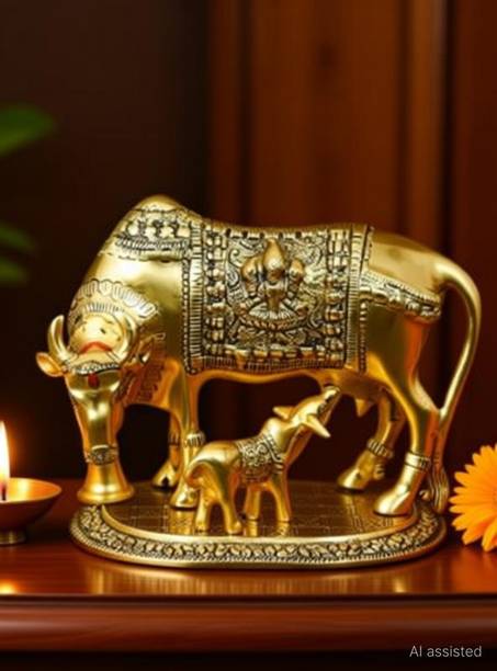 Pinkcity Xpress Small 6 CM Golden Kamdhenu Cow With Calf Statue,Cow and Calf Idol,Good Luck Decorative Showpiece - 15 cm