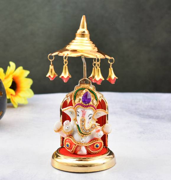 UniqueArt Ganesha with Singhasan Base Car Dashboard Decor Decorative Showpiece  -  8 cm