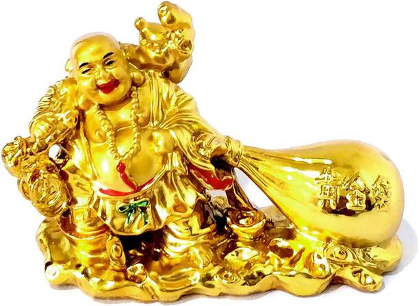 FOBHIYA Feng Shui Laughing Buddha with Potli for Health, Wealth and Happiness, Good Luck Decorative Showpiece for Good Fortune, Success & Prosperity (Polyresin, Gold) Decorative Showpiece  -  7 cm