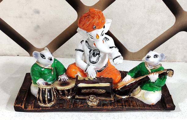 Sawcart Lord Ganesha &amp;His 2 Mushaks Playing Harmonium Tabla Sitar Musical Set Handicraft Decorative Showpiece  -  14 cm