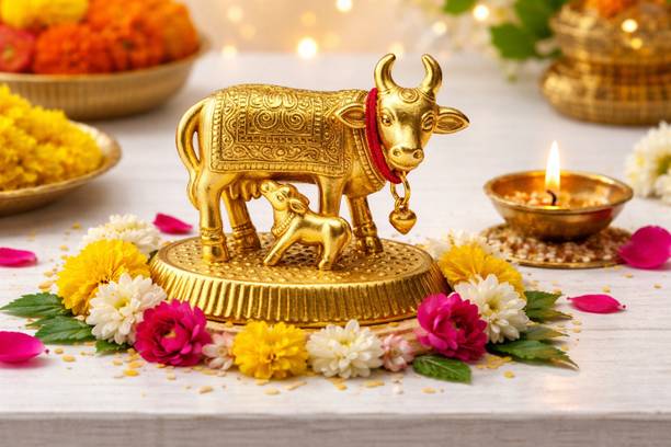 Sawariya crafted Kamdhenu Cow & Calf Metal Idol – Gold Silver Finish Showpiece for Home & Temple Decorative Showpiece  -  5.5 cm