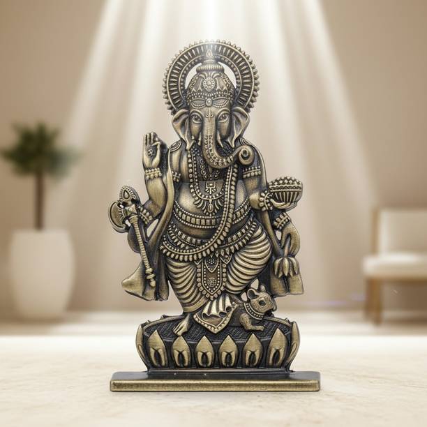 ringzinnie Ganesh Ji Metal Idol for Car Dashboard & Home Decor Double Side Finish Showpiece Decorative Showpiece  -  10 cm