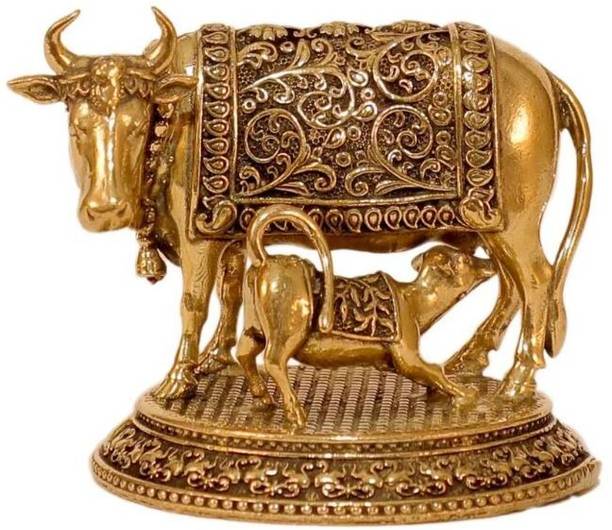 Aruvi Brass Cow with Calf Idol, Kamdhenu Gau MATA Decorative Showpiece  -  4 cm