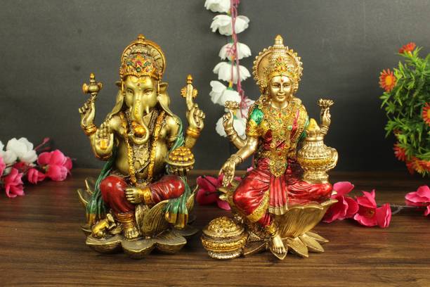 Antiques Nirmala Multicolor Lotus Laxmi Ganesh Figurine for Home Decoration Table decoration Decorative Showpiece  -  17.5 cm
