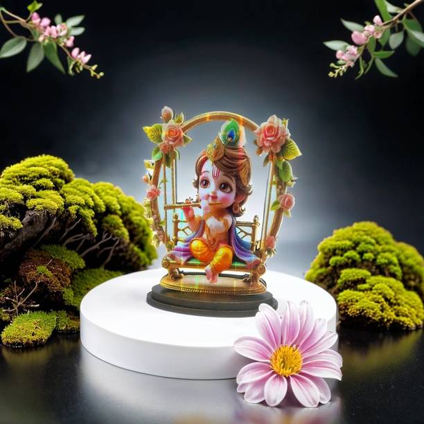BIGWHEEL Mdf Cutout Bal Krishna/kahna/kanhaiya Siiting on Jhula 2d Wooden Sticker Car Decorative Showpiece  -  9 cm