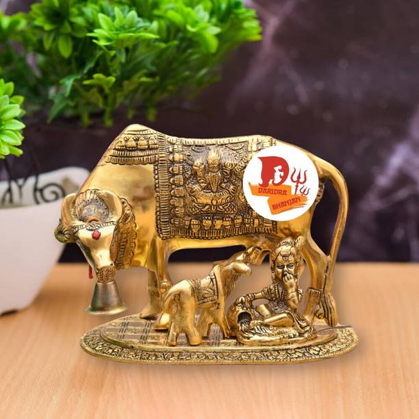 DARIDRA BHANJAN Metal Kamdhenu cow and calf statue, With Krishna idol, Cow and Calf Statue Decorative Showpiece  -  11 cm
