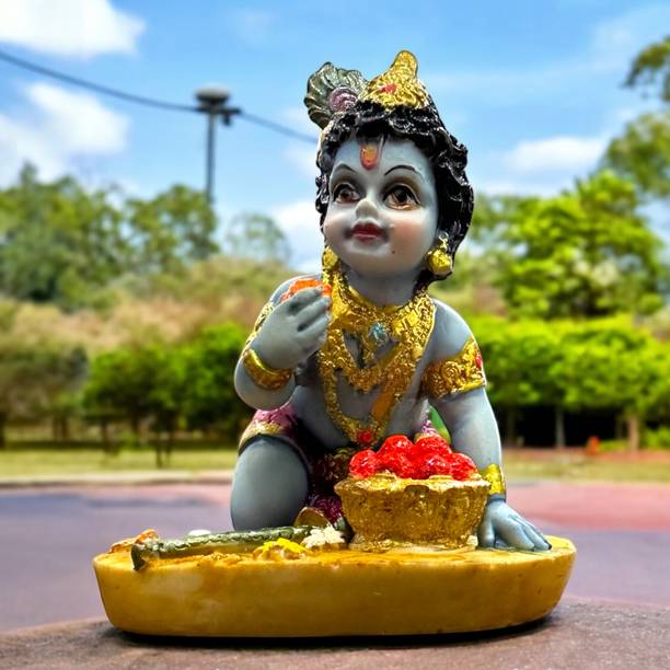 Chaque Decor Hand painted Lord Krishna Idol Modak Chor God Figurines Decorative Showpiece  -  15 cm
