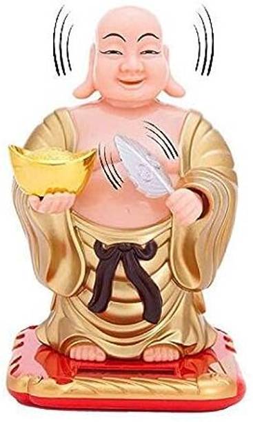 ASTROTALKS Solar Laughing Buddha with Waving Fan Moving Head and Fan for Wealth Decorative Showpiece - 11 cm