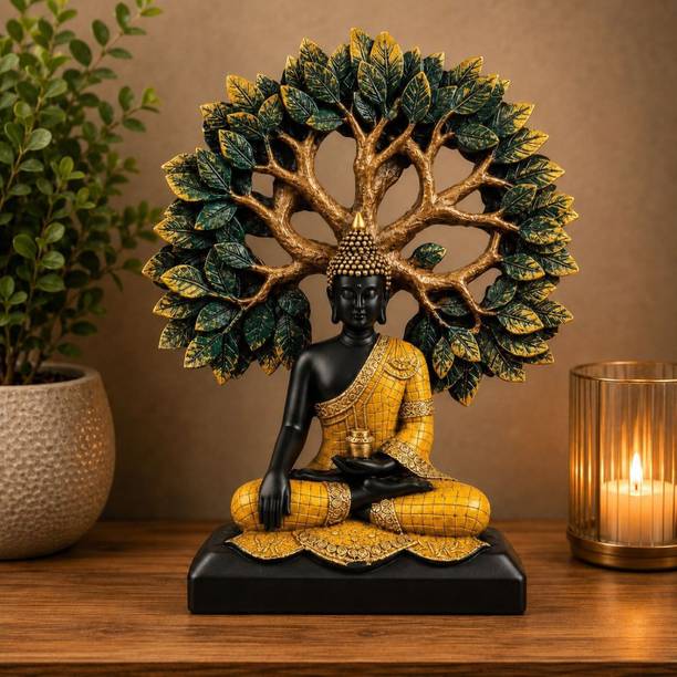 Chank Enlightened yellow black Buddha Idol Golden Bodhi Tree Decorative Showpiece  -  23 cm