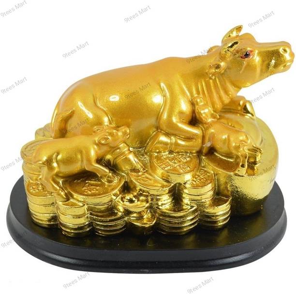 9tees Mart Fengshui Vastu Wish Fulfilling Cow with Calf on Lucky Coins Golden Kamdhenu Cow Decorative Showpiece  -  8 cm
