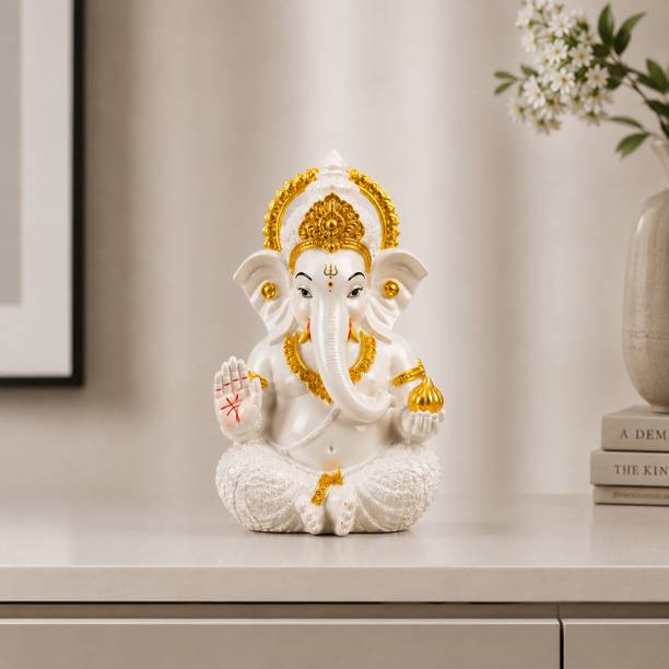 Tendyzonal Lord Ganesha Car Dashboard Idol | White & Gold Ganesh Ji Murti Decorative Showpiece  -  9 cm