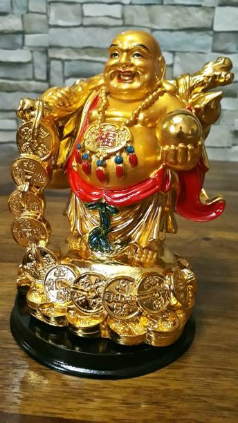 SHIV JI Feng Shui Laughing Buddha Holding Gold Coins & Prosperity | Happy Man Statue Decorative Showpiece - 16.51 cm