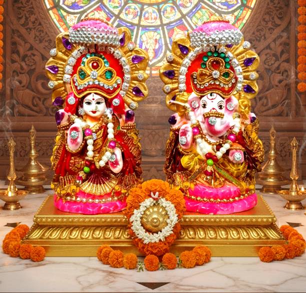 Cyan Creation Clay Mitti Laxmi Ganesh Idol Vastra Pair | Decorative Pooja Murti for Diwali Decorative Showpiece  -  12 cm