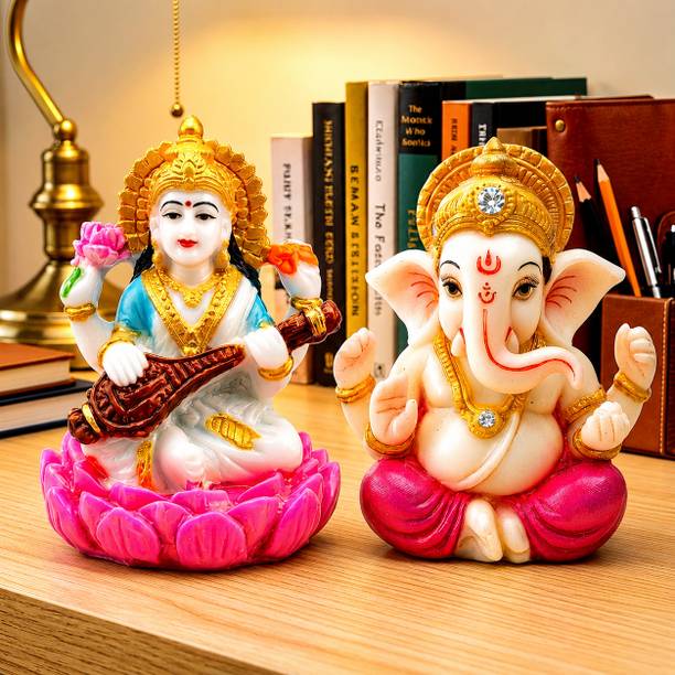 Murtiva decor Ganesh Saraswati Idol Set for Home Decor, Pooja Mandir & Car Dashboard Decorative Showpiece  -  7 cm