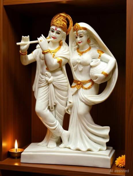 krishnagallery1 Radha Krishan Marble Finish Statue Matki Radha With Krishna ( For Home Temple,Office Temple, Gifted use item ) Washable statue Decorative Showpiece  -  42 cm