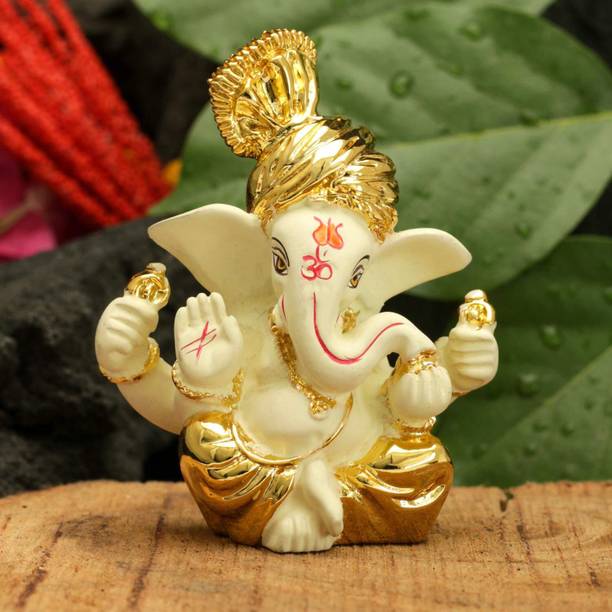 shyam lalla handicraft CHATURBHUJ GANESHA Gold Plated Terracotta ganesha God ganesh idol/ Vinayaka Idol Decorative Showpiece  -  7.5 cm