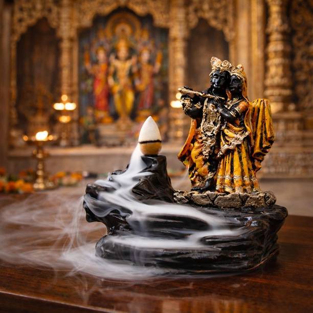 THEHANDLOOMBUZZ Radha Krishna Backflow Incense Holder Smoke Fountain with 10 Coins Decorative Showpiece  -  10 cm