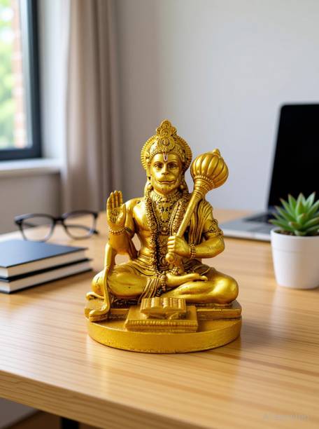 HOMESTA Hanuman Ji Idol with Gada Sitting Pose Statue for Home Office &Temple Decorative Showpiece  -  9 cm