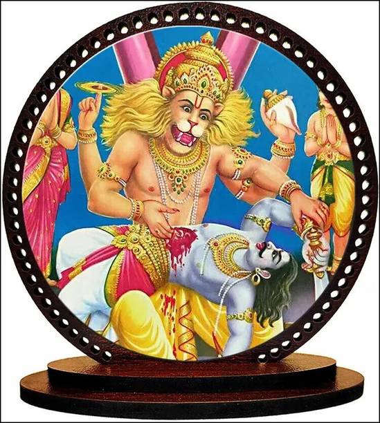 IDOLCRAFT Graceful Lord Narshimha Idol – Wooden Religious Decor for Car or Home Decorative Showpiece  -  7.6 cm