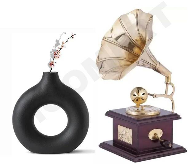 HOOMERT Ceramic Black Matte Donut Vase & Vintage Gramophone Showpiece Set (Set of 2) Decorative Showpiece  -  25 cm