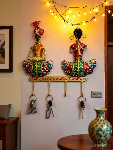 Handicrafy Metal Rajasthani Musician Wall Key Holder Decorative Showpiece  -  30 cm