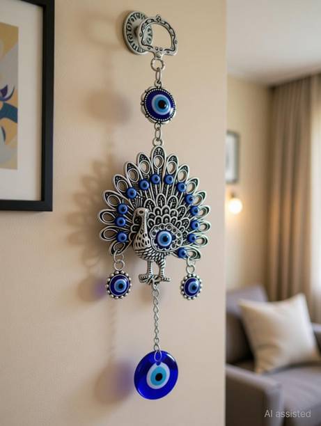 Little hands decor Peacock Evil Eye Metal Wall Hanging Decorative Showpiece  -  22 cm