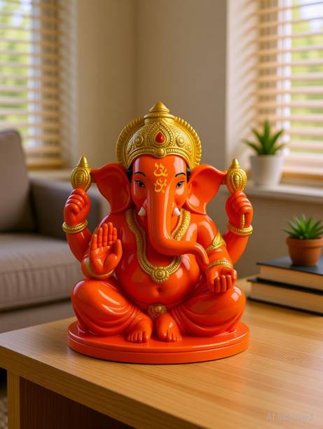 Sawariya crafted Orange & Gold Lord Ganesha Idol for Home Temple, Car ,Gift | 11 CM Height Decorative Showpiece - 11 cm