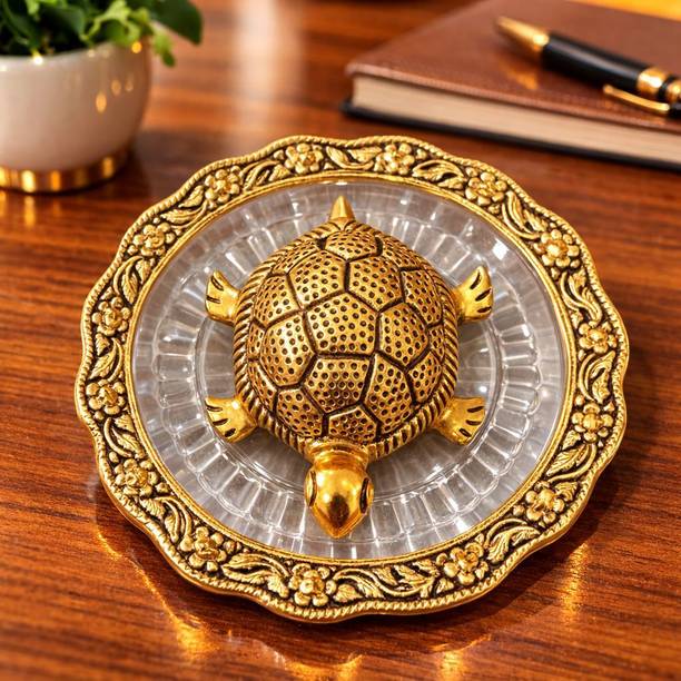 Chhariya Crafts Metal Feng Shui Tortoise On Plate Showpiece for Good Luck Decorative Showpiece - 2 cm