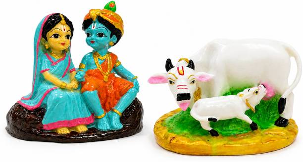 MRtales Radha Krishna Idol with Kamdhenu Cow and Calf Idol Combo, Mandir decor, Pooja Decorative Showpiece  -  10.5 cm
