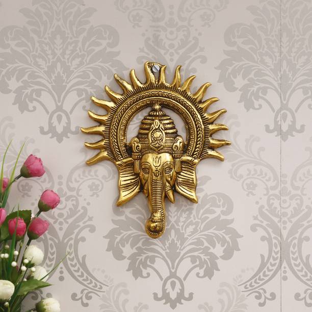 eCraftIndia Golden Lord Ganesha with Sun Decorative Metal Wall Hanging Decorative Showpiece  -  24 cm