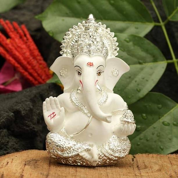 Twamev Ganesha Silver Finishing Idol | Ganesha Murti | Ganpati Idol Decorative Showpiece  -  8.9 cm