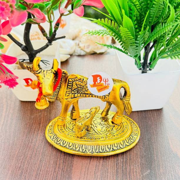 DARIDRA BHANJAN Metal Kamdhenu Cow Calf Statue for Home Office Decor | Cow and calf idol Decorative Showpiece  -  8 cm