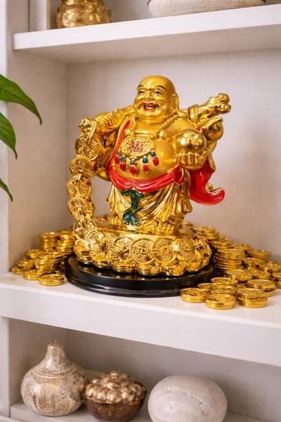 GiftnGlory Vastu/Feng Shui Lucky Laughing Buddha Holds Gold Coin Wealth Ball Brings Peace Decorative Showpiece  -  16.51 cm