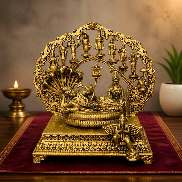 The Mahadev Metals Lord Vishnu Sheshshayan Idol with Dashavatar Frame Antique Gold Finish Decorative Showpiece  -  14 cm