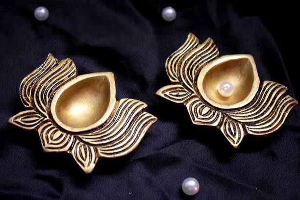 NEERAJ HANDICRAFTS Handcrafted Golden Metal Lotus Diya Set of 2 | Decorative Oil Lamps for Diwali Decorative Showpiece  -  12 cm