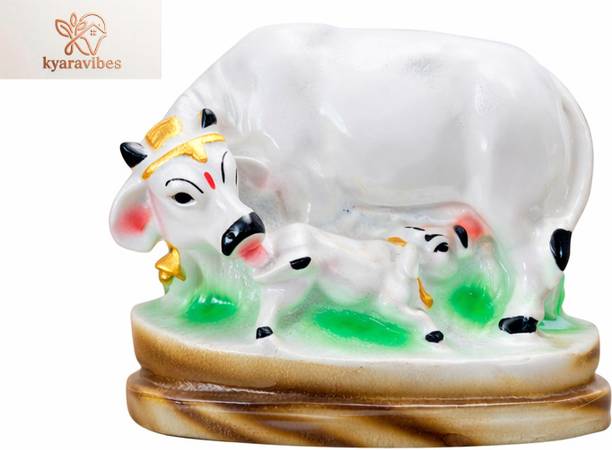 KYARAVIBES Kamdhenu Cow with Calf Idol | Decorative Polyresin Showpiece for Home10 Decorative Showpiece  -  7 cm