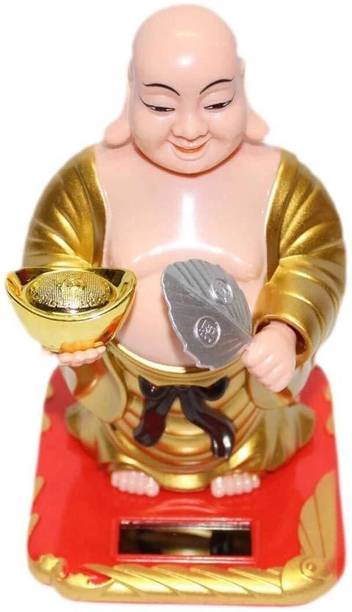 Aakriti PNOTED Solar Laughing Buddha Waving Fan Moving Head & Fan for Health Wealth Decorative Showpiece  -  10.3 cm