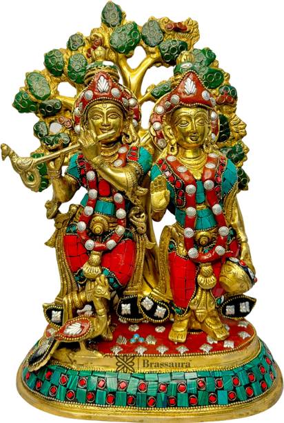 BrassAura Brass Gem Stone Inlay Work Radha Krishna Bhagwan Murti Decorative Showpiece  -  34 cm