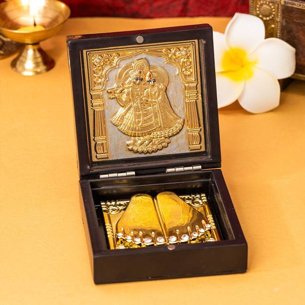 Ekhasa Radha Krishna 24K Gold Plated Frame with Charan Paduka | Spiritual Gift Box Decorative Showpiece  -  9 cm