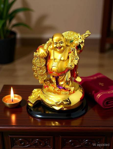 GJ Feng Shui Laughing Buddha Coin Chain Big Size 19 cm Decorative Showpiece  -  19 cm
