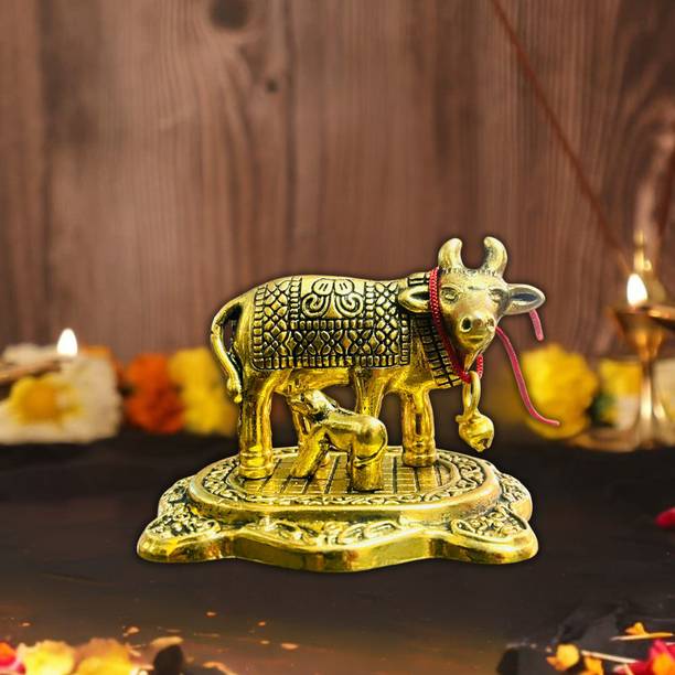 DARIDRA BHANJAN Kamdhenu Cow with Calf Statue,Cow and Calf Idol,Good Luck Decorative Showpiece  -  7 cm