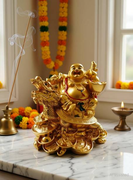 MG Mohaak Gallery Feng Shui Laughing Buddha Sitting On Dragon Tortoise Signifies Wealth Happiness & Peace | Happy Man Idol Murti Statue Showpiece Statue For Good Luck Wealth Health Good Money Vastu Home Office Decor | Perfect Gift For Birthday Wedding Anniversary Housewarming Diwali And As Valentine Gift | MGI991| Decorative Showpiece - 11.43 cm
