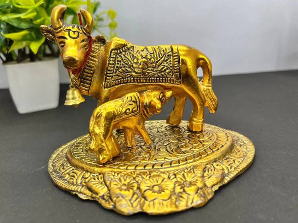 GK Mormukut Kamdhenu Cow with Calf Statue for Home Office Decoration, Gifting Decorative Showpiece  -  9 cm